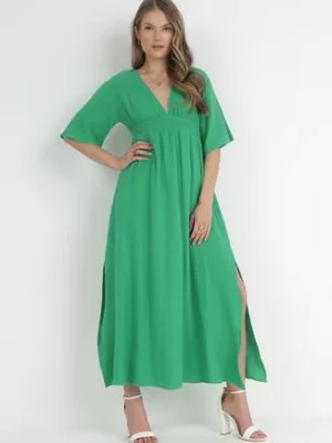 Zdjęcie produktu Zielona Sukienka Maxi z Gumką w Pasie i Wiązaniem na Karku Titaphine