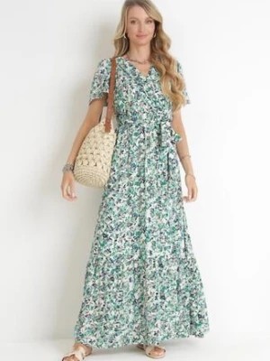 Zdjęcie produktu Zielona Sukienka Maxi z Gumką w Talii w Kwiaty z Wiskozy Eudatha