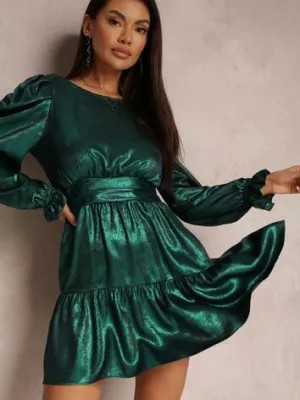 Zdjęcie produktu Zielona Sukienka Metaliczna z Bufiastym Rękawem Cany