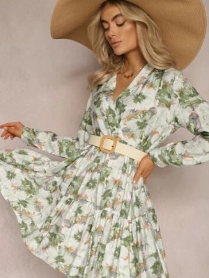 Zdjęcie produktu Beżowo-Zielona Sukienka Mini w Kwiatowy Wzór z Szeroką Falbanką na Dole Faeyra