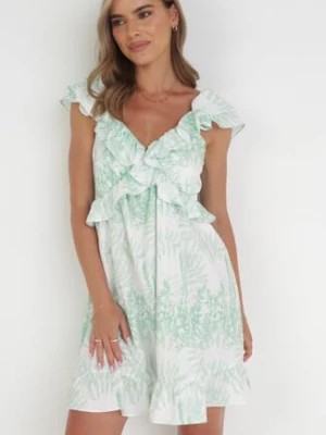 Zdjęcie produktu Zielona Sukienka Mini z Falbankami i Wiązaniem na Plecach Loronia
