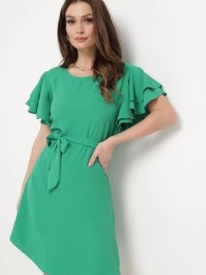 Zdjęcie produktu Zielona Sukienka Mini z Krótkim Rękawem Rozkloszowana z Paskiem i Falbanami na Rękawie Silvaina