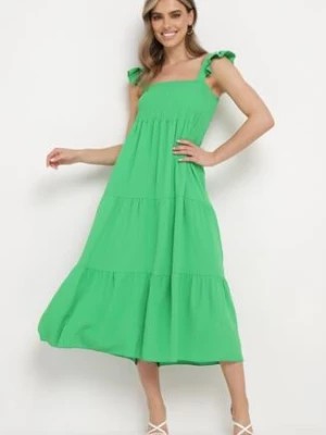 Zdjęcie produktu Zielona Sukienka na Ramiączkach z Falbankami o Rozkloszowanym Kroju Ebisena