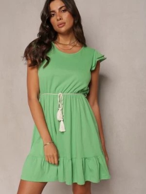 Zdjęcie produktu Zielona Sukienka o Rozkloszowanym Fasonie z Bawełny Ozdobiona Falbankami Kadan