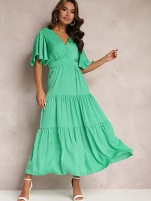 Zdjęcie produktu Zielona Sukienka Rozkloszowana z Falbankami i Odkrytymi Plecami Gallasia
