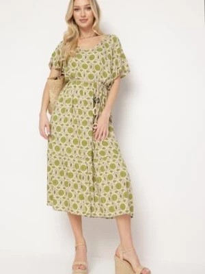 Zdjęcie produktu Zielona Sukienka Rozkloszowana z Mozaikowym Wzorem z Wiskozy Kaliane