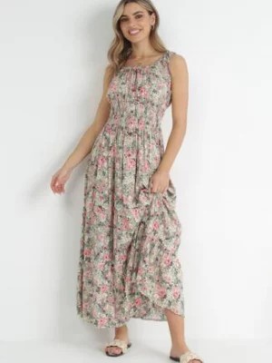 Zdjęcie produktu Zielona Sukienka w Kwiaty z Gumką w Pasie i Falbaną na Dole Lisaria