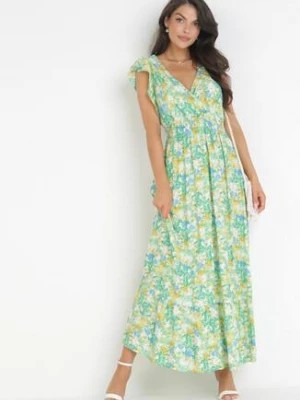 Zdjęcie produktu Zielona Sukienka Wiskozowa z Kopertowym Dekoltem i Gumką w Talii Holitte