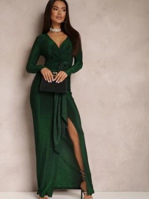 Zdjęcie produktu Zielona Sukienka z Kopertowym Dekoltem Błyszcząca z Marszczeniem Umoria