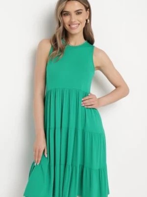 Zdjęcie produktu Zielona Sukienka z Wiskozy Bez Rękawów z Rozkloszowanymi Falbanami Heona
