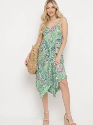 Zdjęcie produktu Zielona Sukienka z Wiskozy o Asymetrycznym Kroju w Mozaikowy Wzór Trila