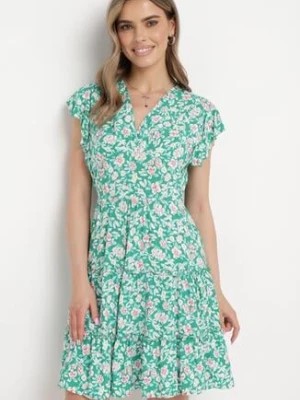 Zdjęcie produktu Zielona Sukienka z Wiskozy w Kwiatowy Wzór z Kopertowym Dekoltem Avafia