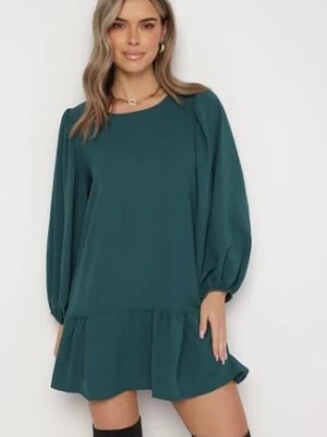 Zdjęcie produktu Zielona Trapezowa Sukienka Mini Oversize z Okrągłym Dekoltem i Falbankami Birdola