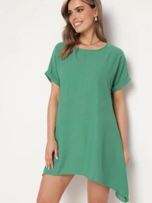 Zdjęcie produktu Zielona Tunika Sukienka z Krótkim Rękawem i Asymetrycznym Dołem Fianda