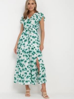 Zdjęcie produktu Zielona Wiskozowa Maxi Sukienka z Kopertowym Dekoltem z Gumką w Pasie i Falbankami Ayzley