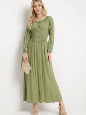 Zdjęcie produktu Zielona Wiskozowa Sukienka Hiszpanka o Rozkloszowanym Kroju z Guzikami Allcera