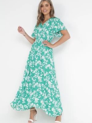 Zdjęcie produktu Zielona Wiskozowa Sukienka Maxi z Gumkami w Talii i Kopertowym Dekoltem Olemenia