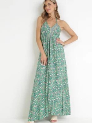 Zdjęcie produktu Zielona Wiskozowa Sukienka Maxi z Wiązaniem na Szyi i Rozkloszowanym Dołem Jeanine