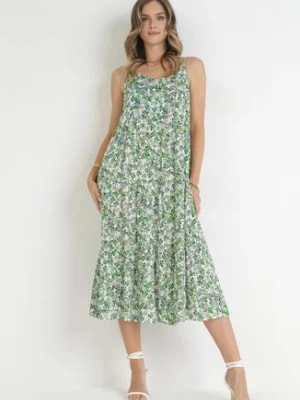 Zdjęcie produktu Zielona Wiskozowa Sukienka Midi w Kwiaty z Falbanką Emiri
