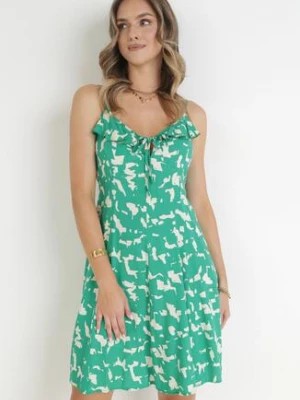 Zdjęcie produktu Zielona Wiskozowa Sukienka Mini na Cienkich Ramiączkach z Falbanką Phalori