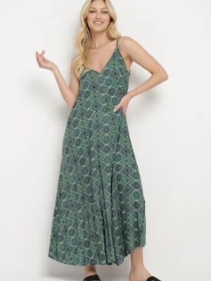 Zdjęcie produktu Zielona Wiskozowa Sukienka na Cienkich Ramiączkach z Trójkątnym Dekoltem Nannestra