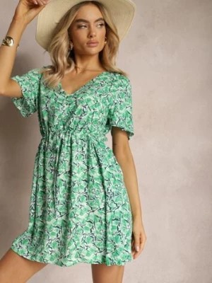Zdjęcie produktu Zielona Wiskozowa Sukienka ze Sznureczkiem w Talii z Krótkimi Rękawami i Mozaikowym Printem Travei