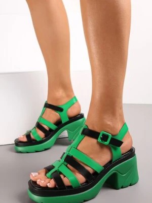Zdjęcie produktu Zielone Sandały na Słupku i Platformie z Kolorowymi Paskami Leorissa