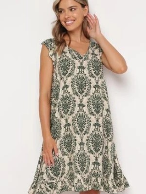Zdjęcie produktu Zielono-Beżowa Bawełniana Sukienka w Stylu Boho na Ramiączkach z Falbanką Zaelle