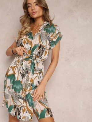 Zdjęcie produktu Zielono-Beżowa Koszulowa Sukienka z Egzotycznym Wzorem i Wiązaniem W Talii Cerbia