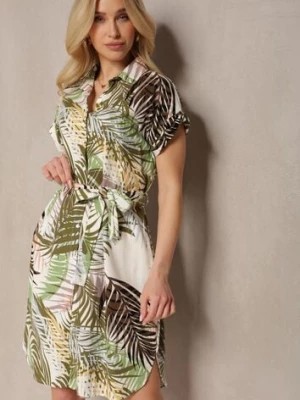 Zdjęcie produktu Zielono-Beżowa Sukienka z Bawełny z Krótkim Rękawem z Materiałowym Paskiem i Guzikami Pavilla