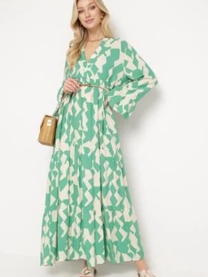 Zdjęcie produktu Zielono-Biała Rozkloszowana Sukienka z Wiskozy z Długimi Rozszerzanymi Rękawami Tesadie