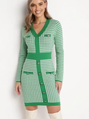 Zdjęcie produktu Zielono-Biała Sweterkowa Sukienka w Kratę Fevinno