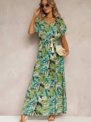 Zdjęcie produktu Zielono-Czarna Maxi Sukienka z Wiskozy w Kwiatowy Print ze Sznurkiem w Talii Anukka