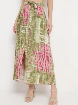 Zdjęcie produktu Zielono-Różowa Wiskoza Spódnica o Rozkloszowanym Kroju z Ozdobnymi Guzikami Riogina
