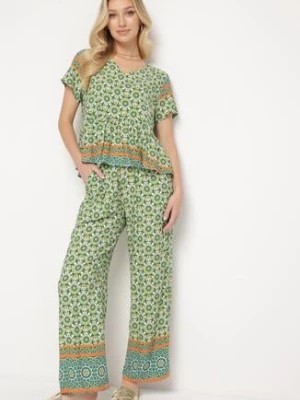 Zdjęcie produktu Zielony Letni Komplet z Wiskozy w Mozaikowy Wzór Bluzka i Szerokie Spodnie Latasha