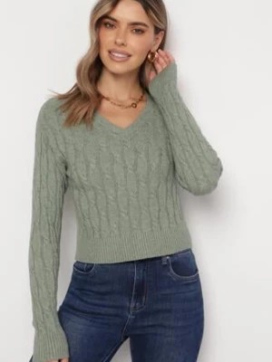 Zdjęcie produktu Zielony Sweter w Warkoczykowy Splot z Trójkątnym Dekoltem Goldria