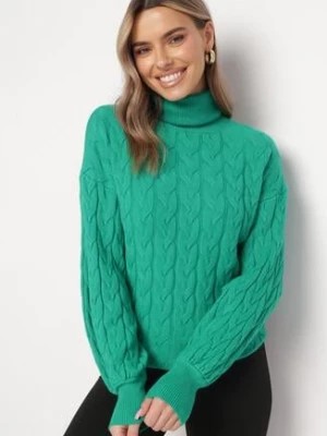 Zdjęcie produktu Zielony Sweter z Golfem w Warkoczowy Splot ze Ściągaczami Maraiwai