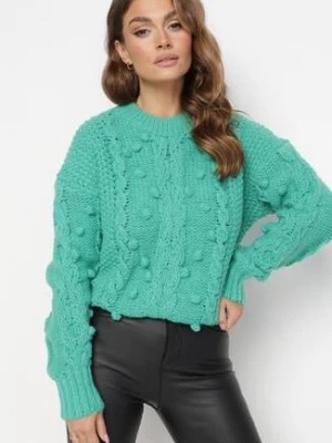 Zdjęcie produktu Zielony Sweter z Wełną i Bawełną Ozdobiony Grubym Splotem Numike