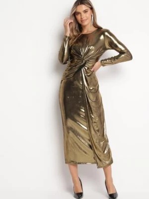 Zdjęcie produktu Złota Połyskująca Sukienka Maxi z Ozdobnym Węzłem Fabriana