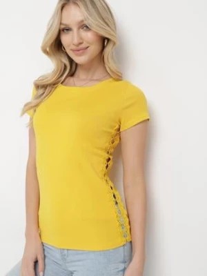 Zdjęcie produktu Żółta Bawełniana Bluzka z Koronką po Bokach Albeiga