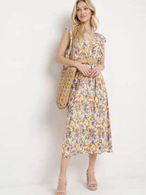 Zdjęcie produktu Żółta Bawełniana Sukienka w Kwiatowy Wzór z Gumką w Pasie Varenlla