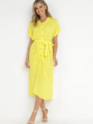 Zdjęcie produktu Żółta Koszulowa Sukienka Midi z Gumką w Talii i Materiałowym Paskiem z Wiskozy Skeisa