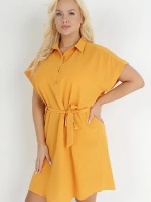 Zdjęcie produktu Żółta Koszulowa Sukienka z Krótkim Rękawem i Wiązaniem w Pasie Mistie