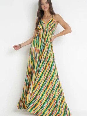 Zdjęcie produktu Żółta Rozkloszowana Sukienka Maxi z Wiązaniem na Szyi Aelrira