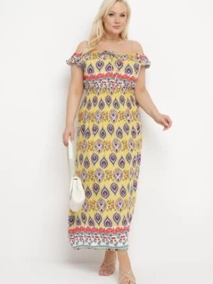 Zdjęcie produktu Żółta Sukienka Bawełniana z Gumką w Talii i Mozaikowym Wzorem Vestra