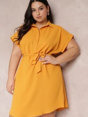 Zdjęcie produktu Żółta Sukienka Koszulowa Wiązana w Pasie z Krótkimi Rękawami Wellwood