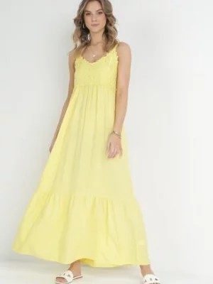 Zdjęcie produktu Żółta Sukienka Maxi z Ażurowym Dekoltem i Falbaną na Dole z Wiskozy Nelnin