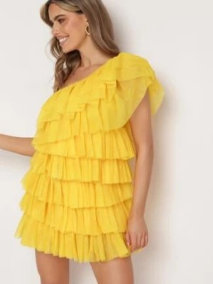 Zdjęcie produktu Żółta Sukienka Mini na Jedno Ramię Asymetryczna z Falbankami Nomenta