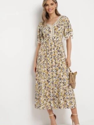Zdjęcie produktu Żółta Wiskozowa Sukienka Maxi w Kwiaty Rozkloszowana Ozdobiona Frędzlami Freesha