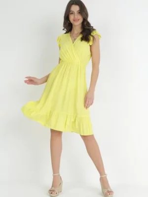 Zdjęcie produktu Żółta Wiskozowa Sukienka Mini z Gumką w Talii i Kopertowym Dekoltem Yalemena
